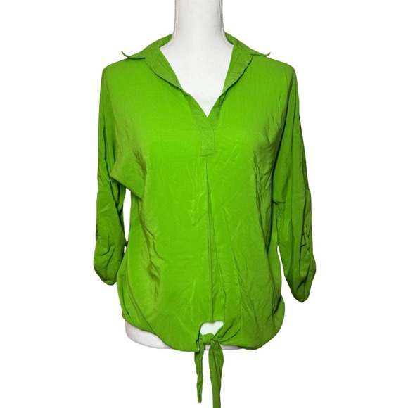 Chaus Tops - Chaus New York Tie Front Roll Tab Sleeve Blouse M Lime Green Excellent V-Neck